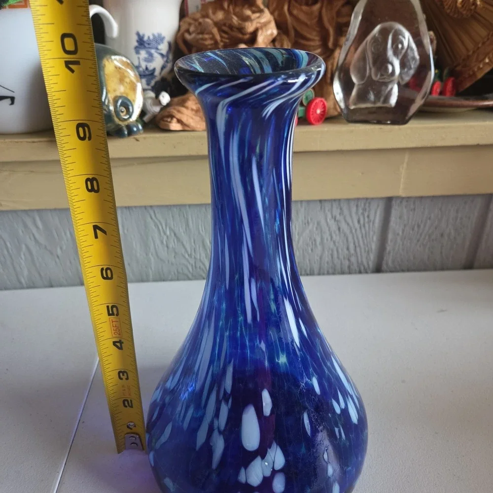Abstract Art Glass Vase Decanter Style Hand Blown Mexico Blue White Ovals